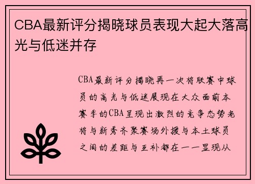 CBA最新评分揭晓球员表现大起大落高光与低迷并存